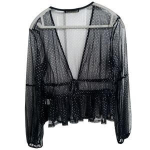 Hesperus coquette sheer top blk Whimsigoth womens size L gold polka dot lngslve